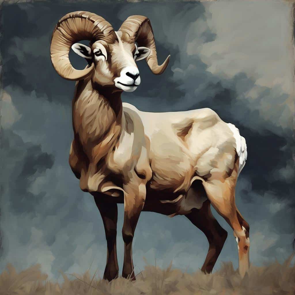 Άγριο αρσενικό Κατσίκι με μεγάλα κέρατα, ζωγραφισμένο σε στυλ ψηφιακής τέχνης, μπροστά σε σκοτεινό ουρανό, αναδεικνύοντας την έμπνευση από καλλιτέχνες και το ενδιαφέρον για δημιουργικότητα.