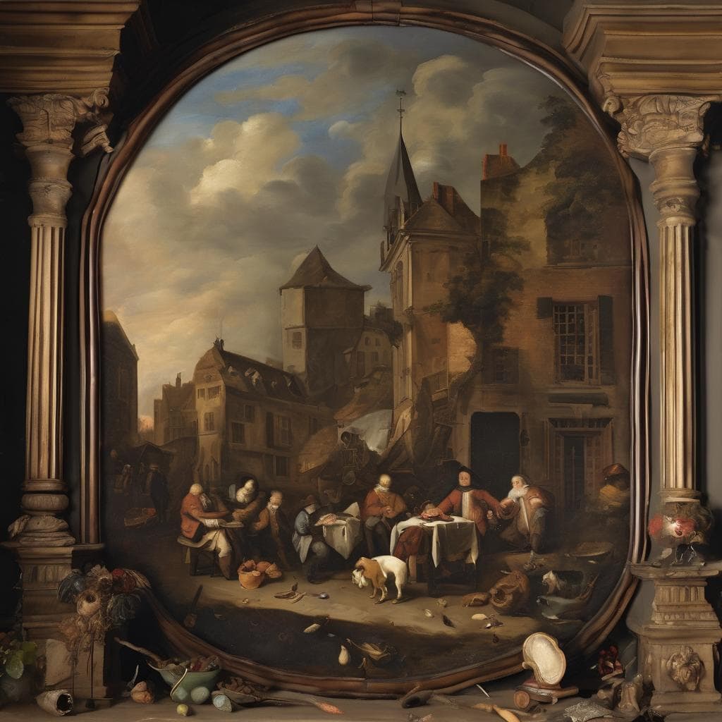 Ολλανδικό ντροπικό πίνακα με ανθρώπους σε καφενείο, κατ' Αγία Πετρούπολη, στοιχεία από την ανακάλυψη της τέχνης και την επιδραστικότητα καλλιτεχνών.