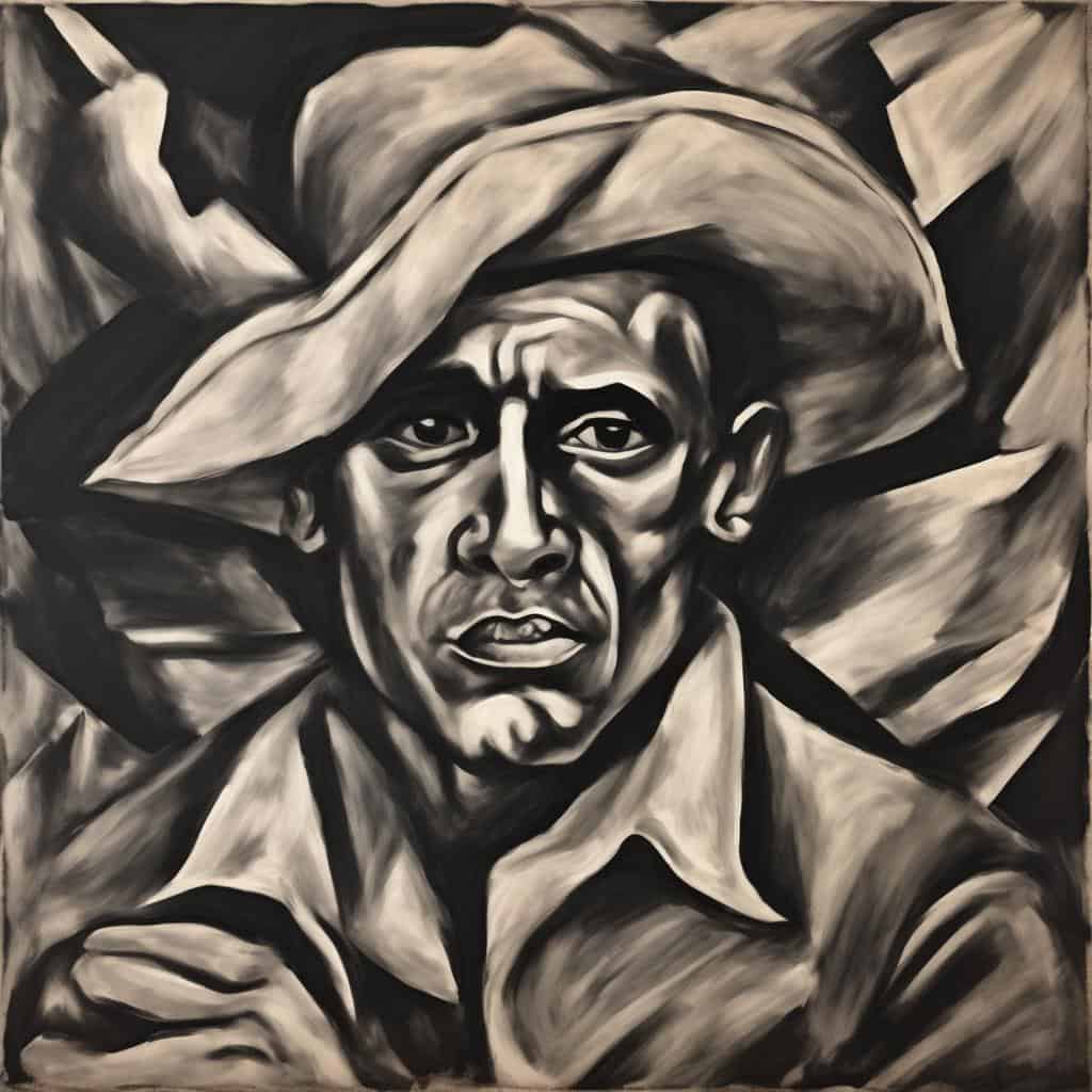 Άνθρωπος με καπέλο σε μαυρόασπρο πορτρέτο εμπνευσμένων καλλιτεχνών, στυλ ζωγραφικής σε γκρίζους τόνους, που αναδεικνύει σημαντικές μορφές και ενέπνευσε γενιές καλλιτεχνών και δημιουργών.