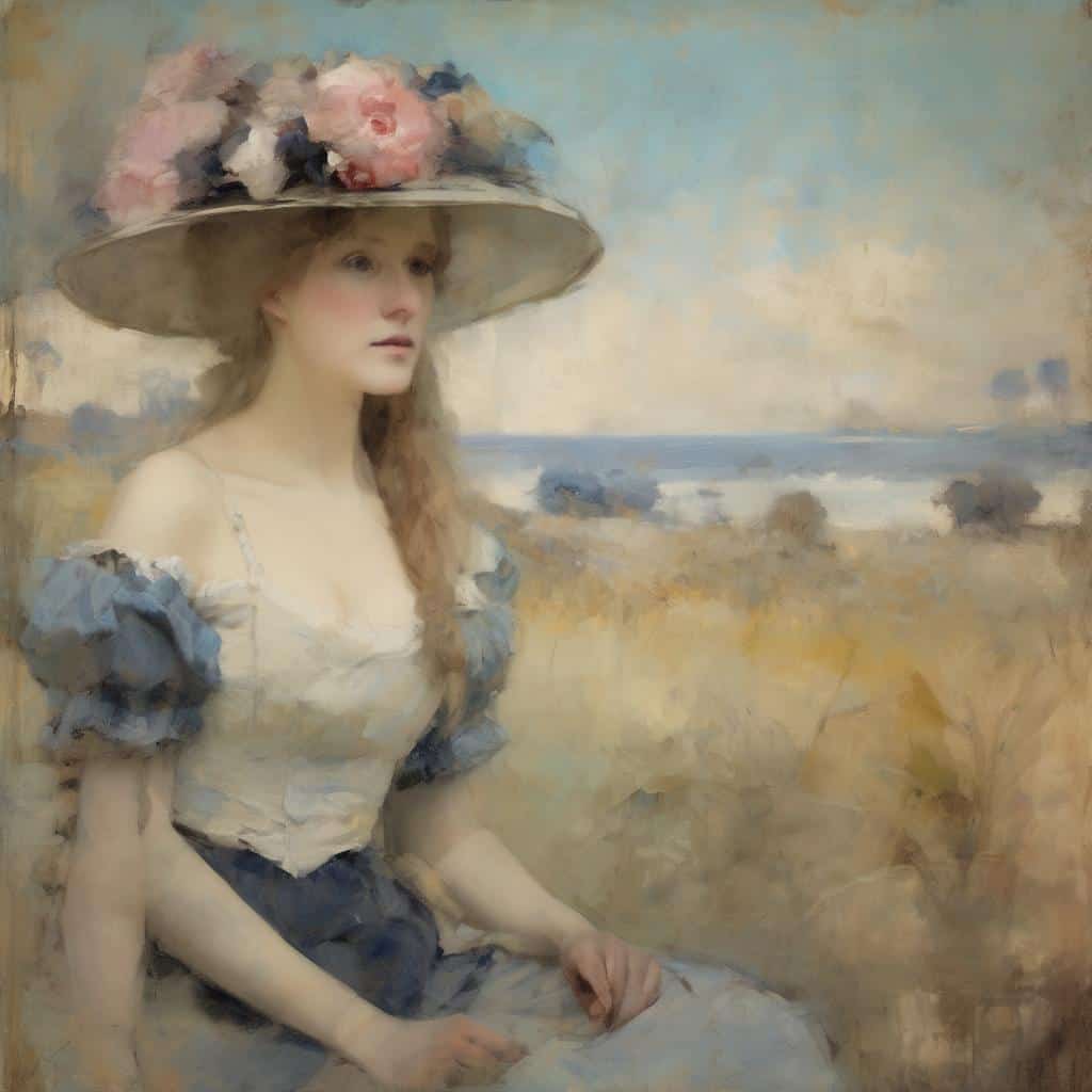 Αλτ κείμενο: Νεαρή γυναίκα με καπέλο γεμάτο λουλούδια σε ακατέργαστο ζωγραφικό στυλ, σε τοπίο παραλίας με ήχους και χρώματα του καλοκαιριού, εικόνα εμπνευσμένη από καλλιτέχνες που ενέπνευσαν γενιές.