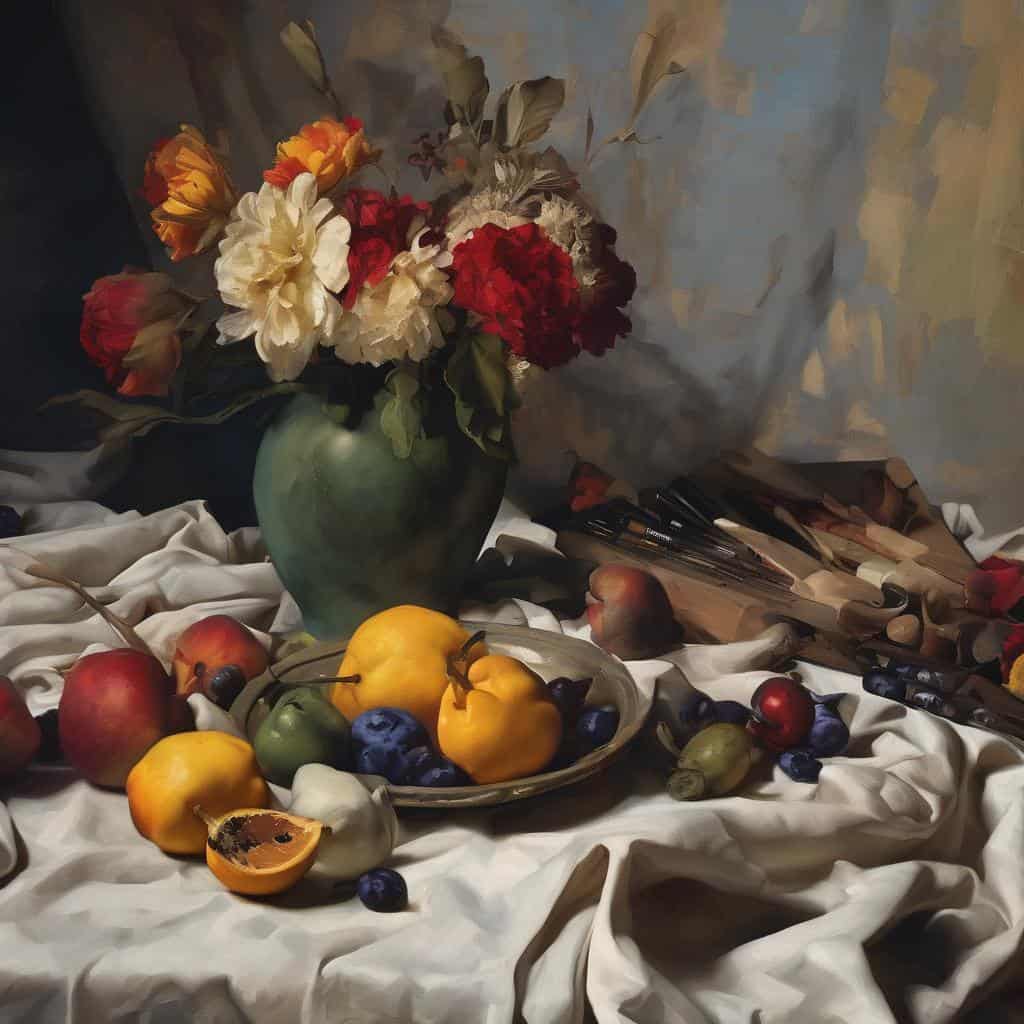 Λουλούδια σε βάζο με φρούτα και καλλιτεχνικά εργαλεία σε τραπέζι, εμπνευσμένοι από διάσημους καλλιτέχνες που ενέπνευσαν γενιές, σε κλασικό ρετρό στιλ.