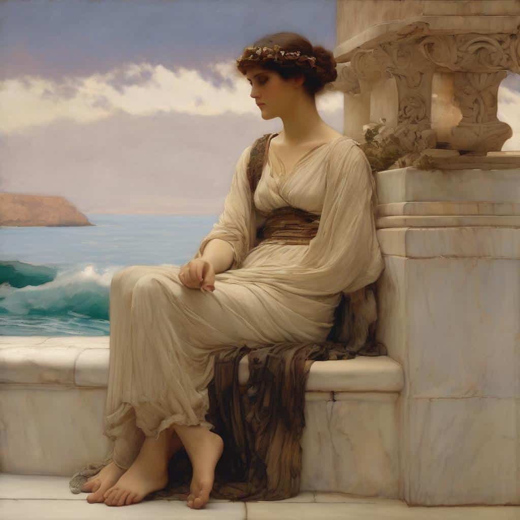 Αραιό κορίτσι σε κλασική γλυπτική μορφή κοντά σε αρχαία αισθητική με θάλασσα και σύννεφα στο φόντο, εμπνευσμένο από ελληνική ιστορία και τέχνη.